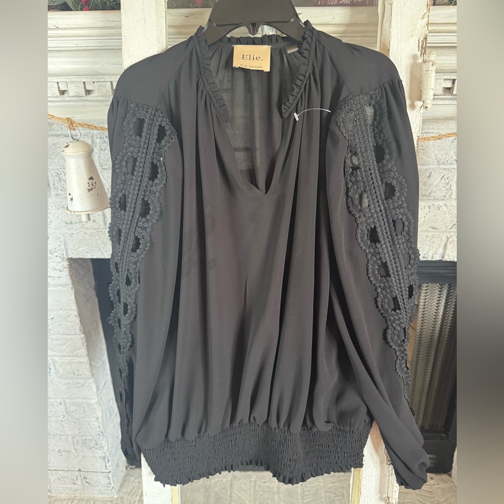 Elie. Elie Tahari Black Crochet Sleeve Blouse - Picture 3 of 8